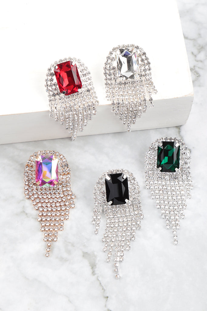 RHINESTONE SQUARE FRINGE TASSEL EARRINGS
