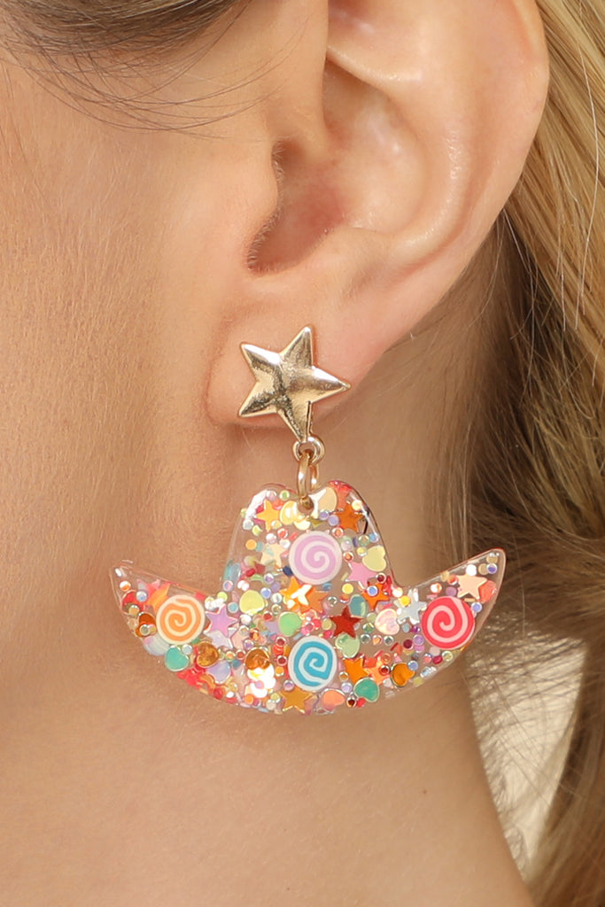 COWBOY HAT RESIN GLITTER CANDY STUD EARRING