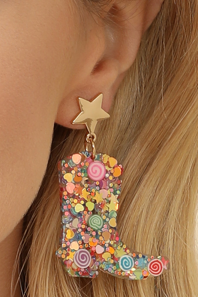 COWBOY BOOT RESIN GLITTER CANDY STUD EARRING