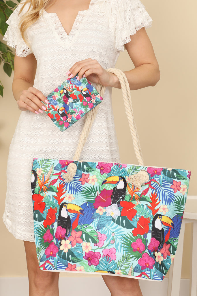 TROPICAL BIRD PRINT TOTE BAG WITH MATCHING WALLET