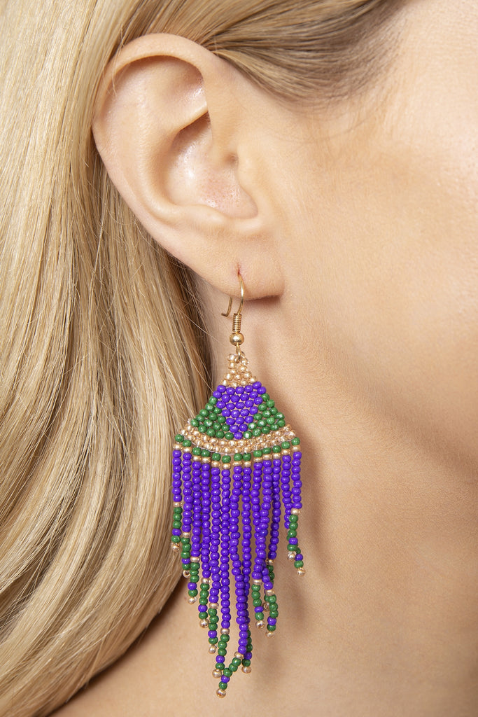 MARDI GRAS SEED BEADS FRINGE TASSEL HOOK EARRINGS