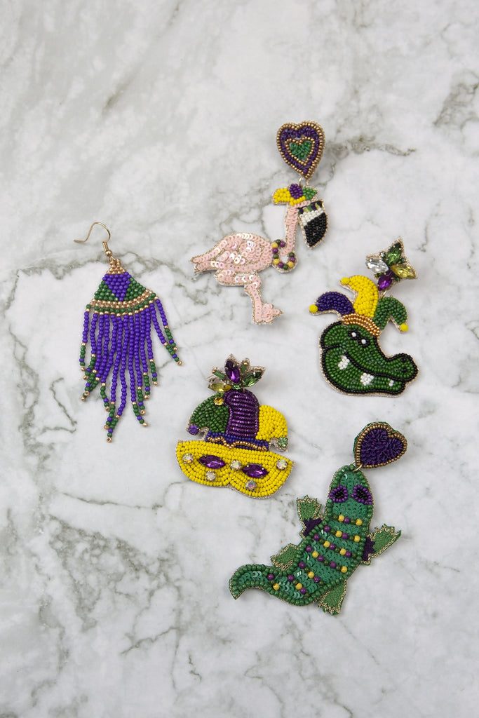 MARDI GRAS FLAMINGO SEED BEADS POST EARRINGS