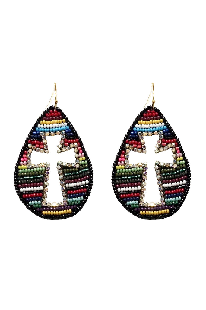 WESTERN SEED BEAD CROSS PATTERN TEARDROP EARRINGS