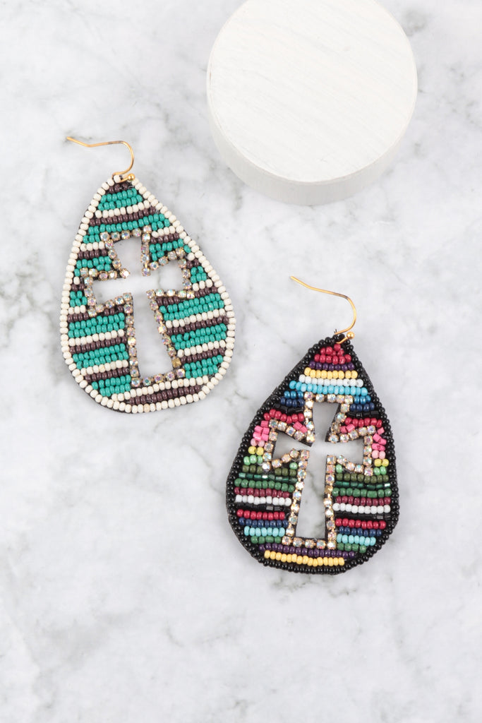 WESTERN SEED BEAD CROSS PATTERN TEARDROP EARRINGS