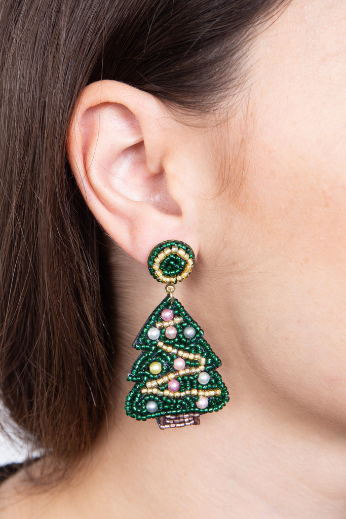 CHRISTMAS TREE SEED BEADS POST DROP EARRINGS