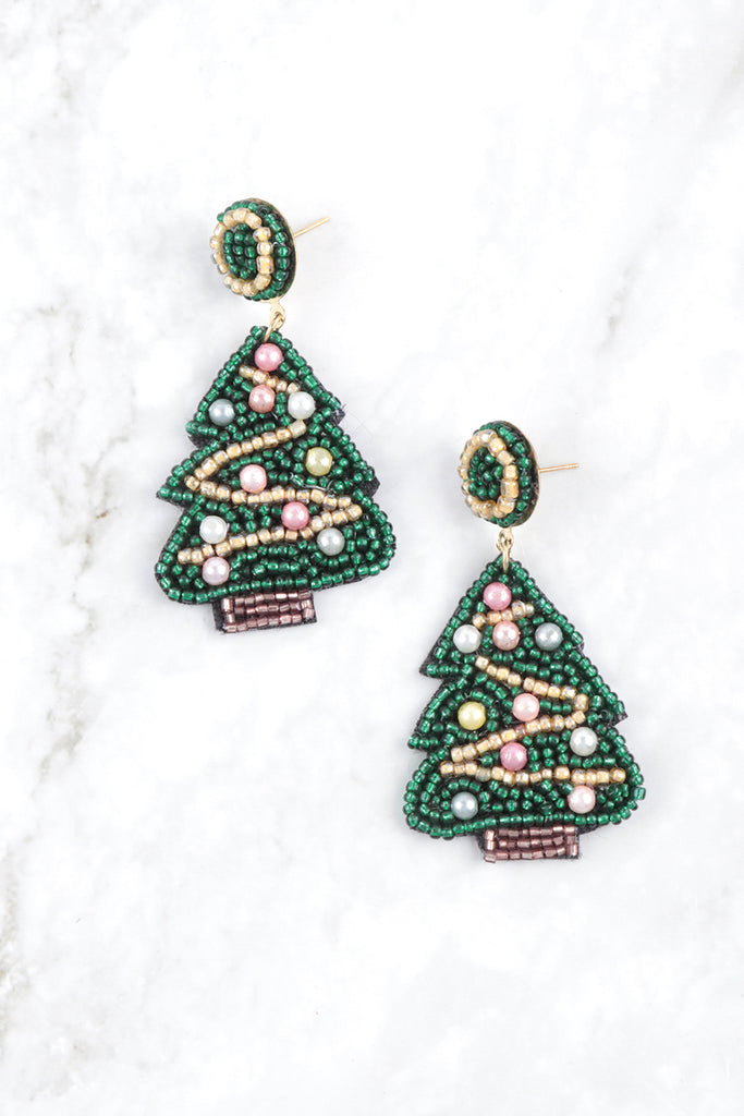 CHRISTMAS TREE SEED BEADS POST DROP EARRINGS