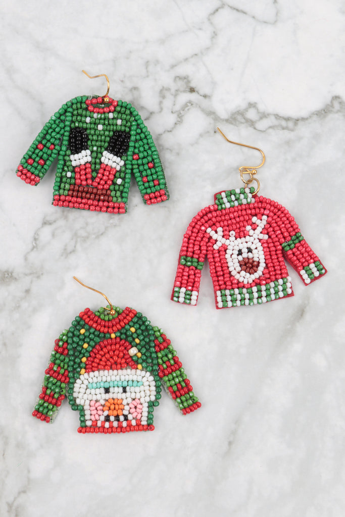 CHRISTMAS SANTA PATTERN SWEATER SEED BEADS HOOK EARRINGS