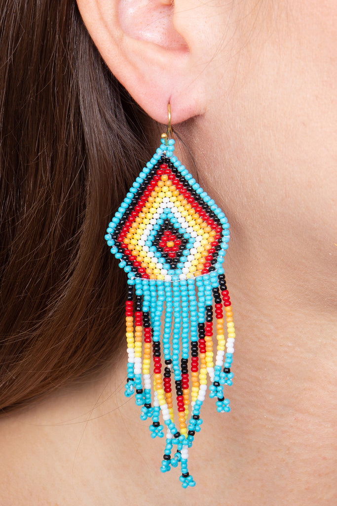 WESTERN SEED BEAD GEOMETRIC FRINGE EARRINGS