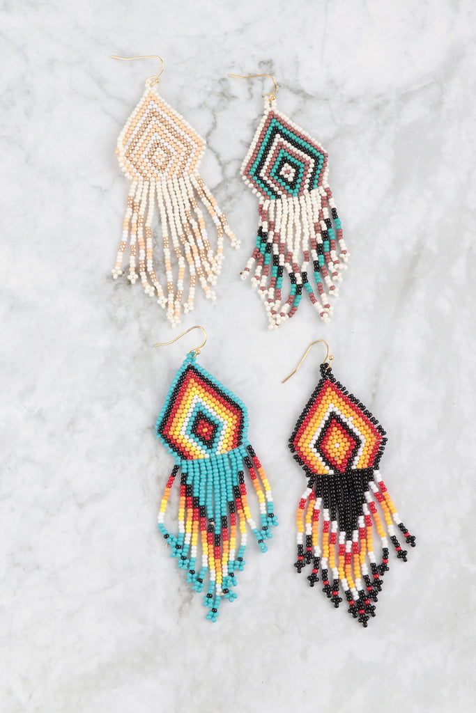 WESTERN SEED BEAD GEOMETRIC FRINGE EARRINGS