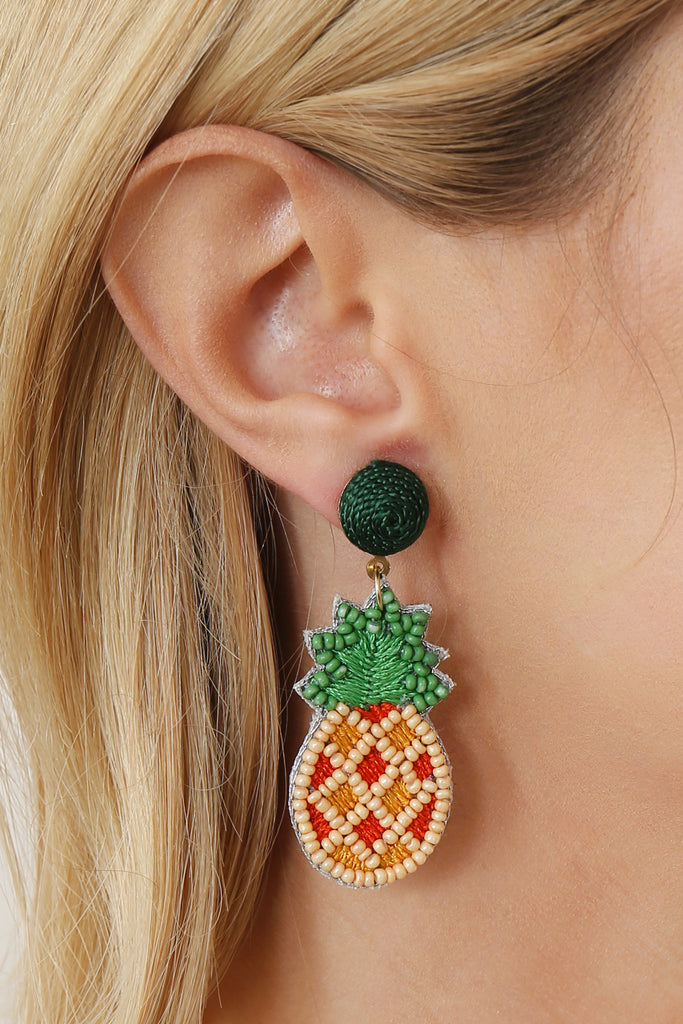 TROPICAL PINEAPPLE SEED BEAD POST DROP EARRINGS