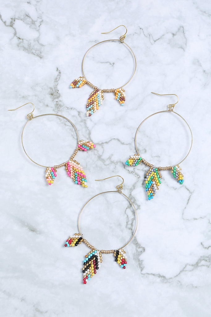 BOHO SEED BEAD LEAF SHAPE HOOP EARRINGS