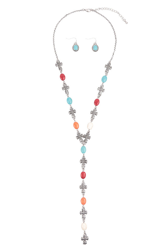 WESTERN CONCHO CROSS SEMI STONE LARIAT Y NECKLACE AND EARRING SET