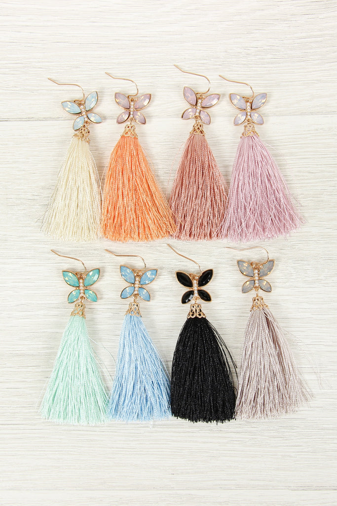 2.5" BEADED BUTTERFLY WITH TASSEL HOOK EARRINGS