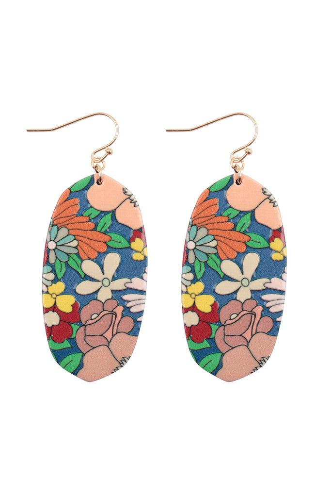 2" FLOWER HEX PRINT WOOD DROP EARRINGS