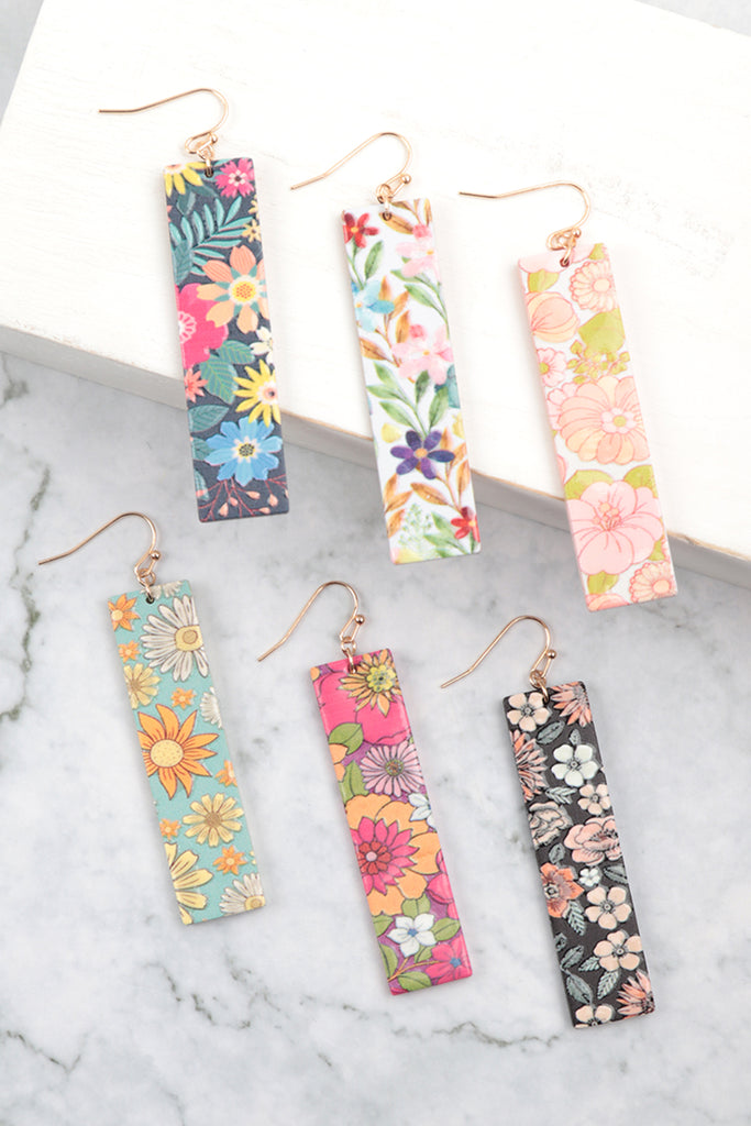 2.5" FLOWER PRINT BAR SHAPED WOOD DROP EARRINGS