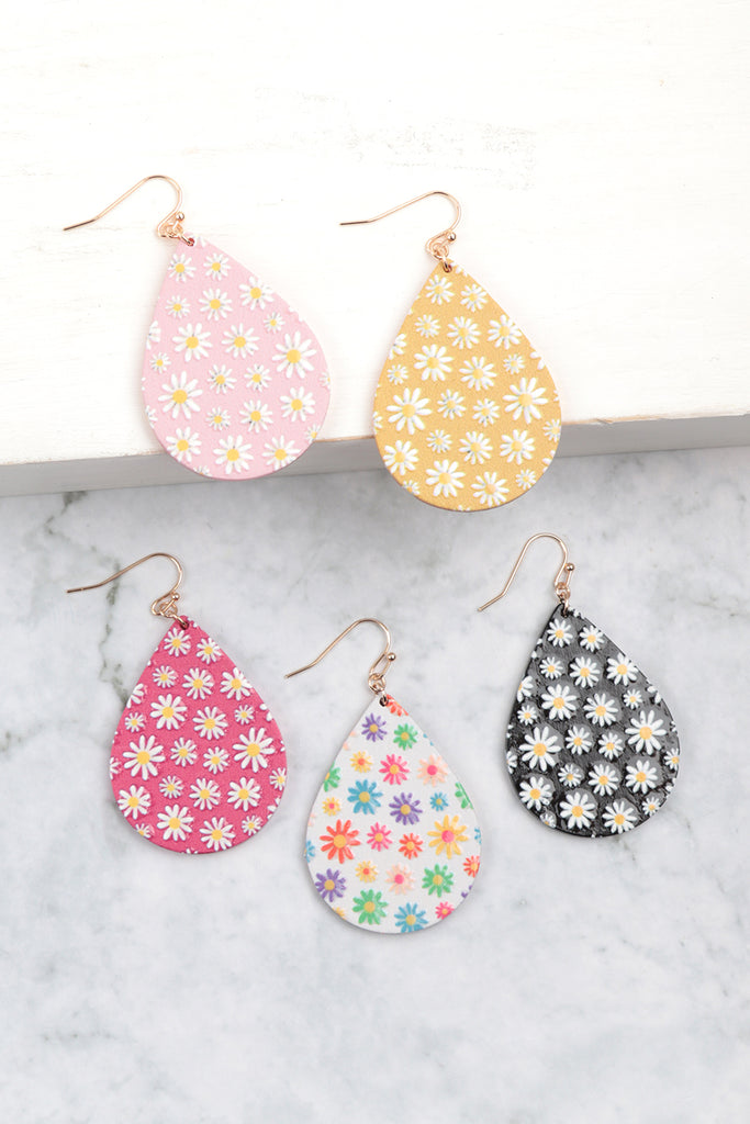 2" FLOWER DAISY PRINT WOOD TEARDROP EARRINGS