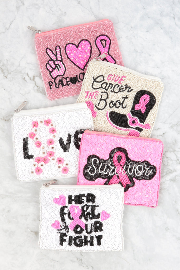 LOVE PINK RIBBON AWARENESS WITH FLOWERS SEQUIN COIN POUCH
