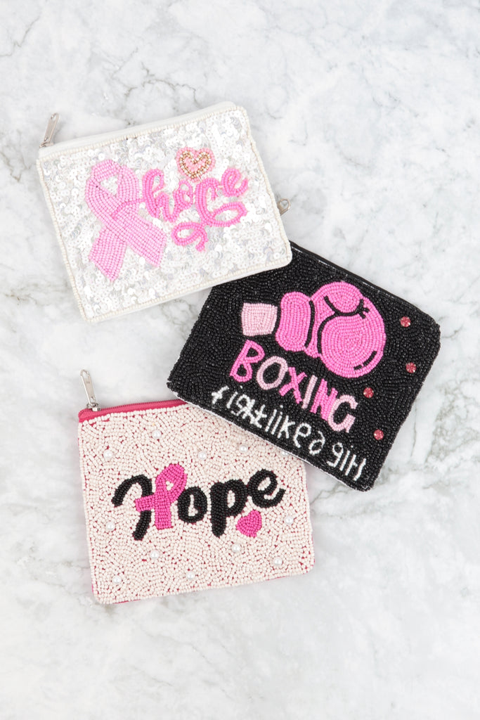 HOPE PINK RIBBON AWARENESS SEQUIN AND SEED BEADS COIN POUCH