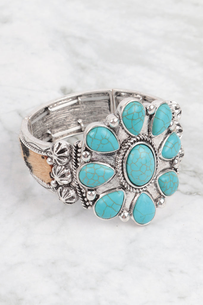 WESTERN CONCHO FLOWER CLUSTER SEMI STONE W/ LEOPARD WRAP BRACELET