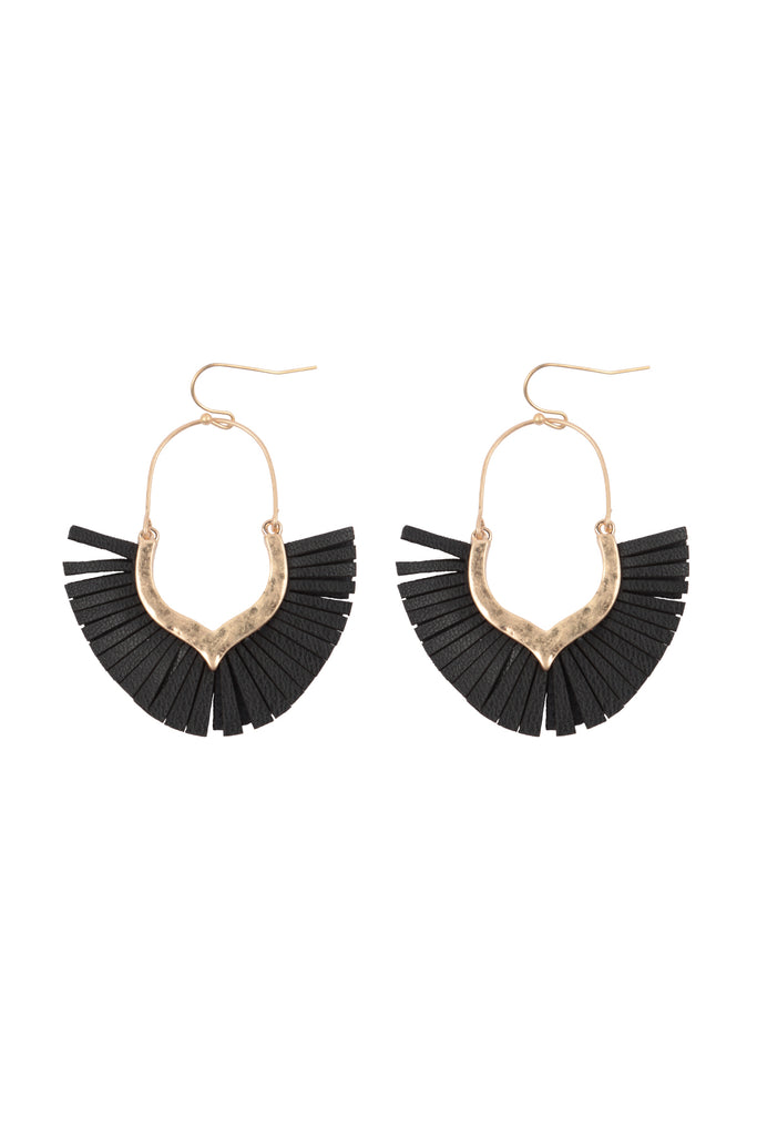 2.5 INCH FAN SHAPED PU LEATHER FRINGE FISH HOOK EARRINGS