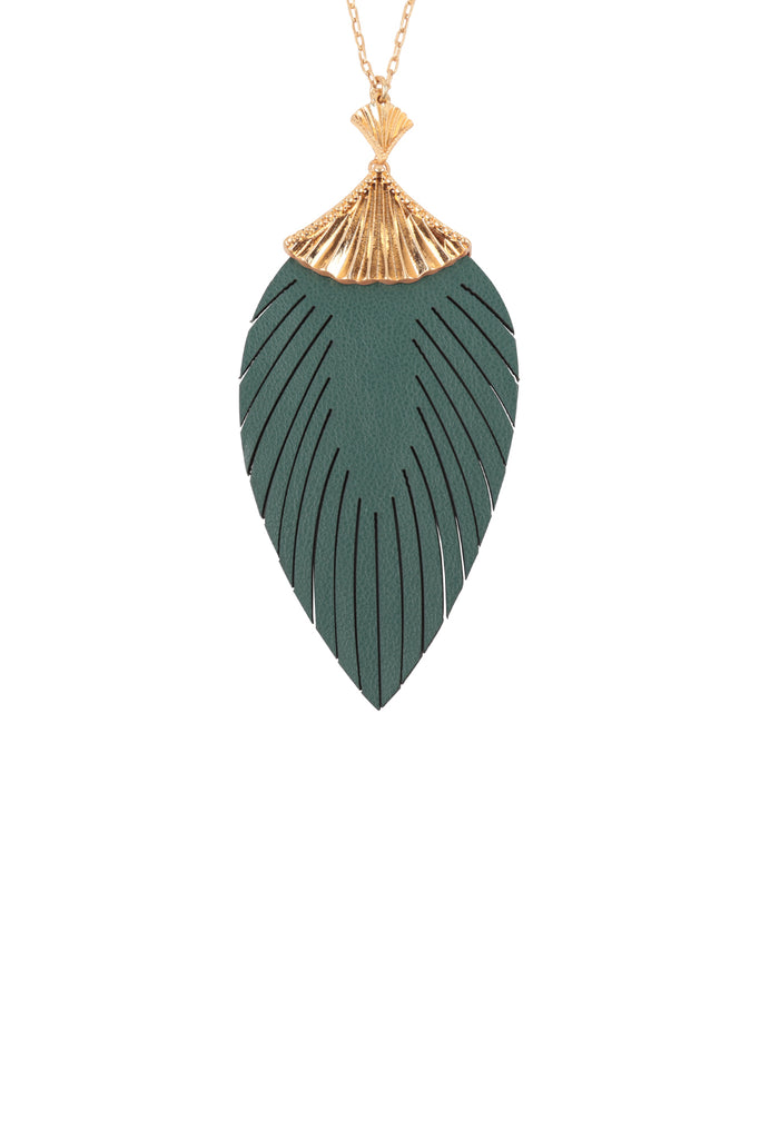 30 INCH LEAF SHAPED PU LEATHER FRINGE LONG NECKLACE
