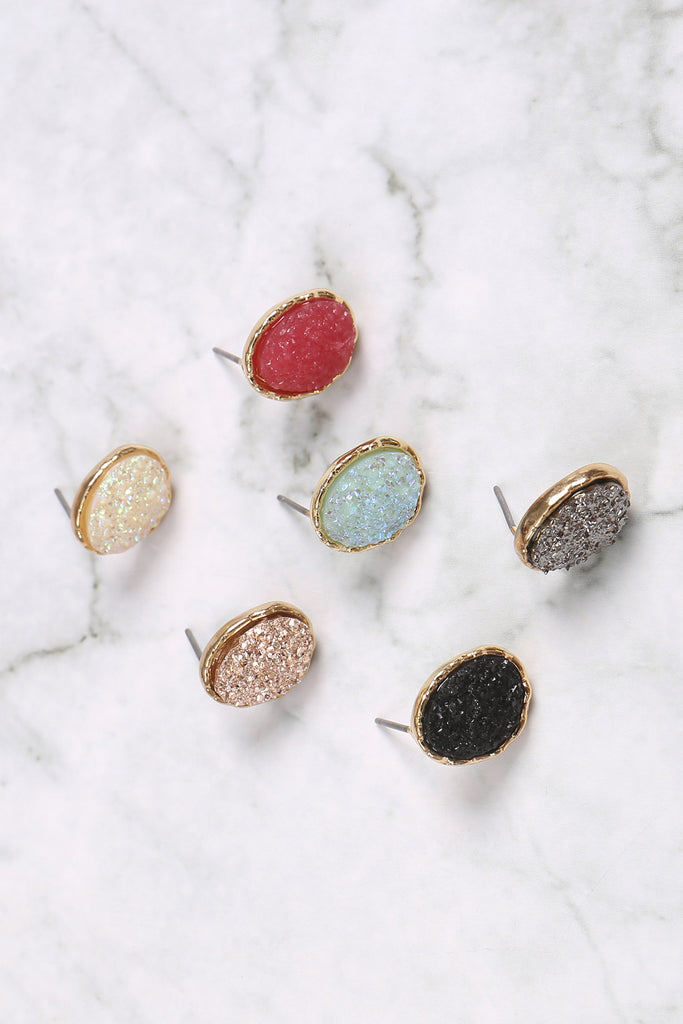 OVAL DRUZY STONE POST EARRINGS