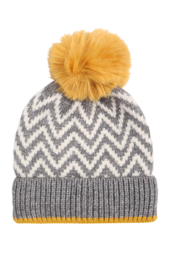 KNITTED CHEVRON PRINT POMPOM BEANIE