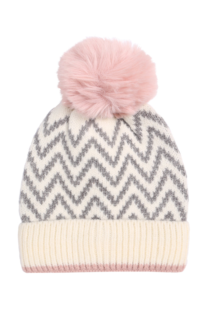 KNITTED CHEVRON PRINT POMPOM BEANIE