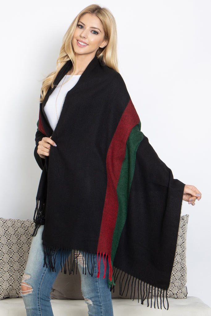 STRIPED KNIT FRINGE WARMER SCARF WRAP