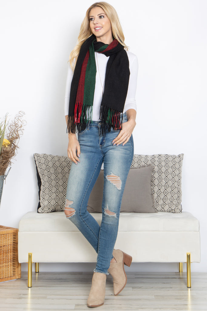 STRIPED KNIT FRINGE WARMER SCARF WRAP