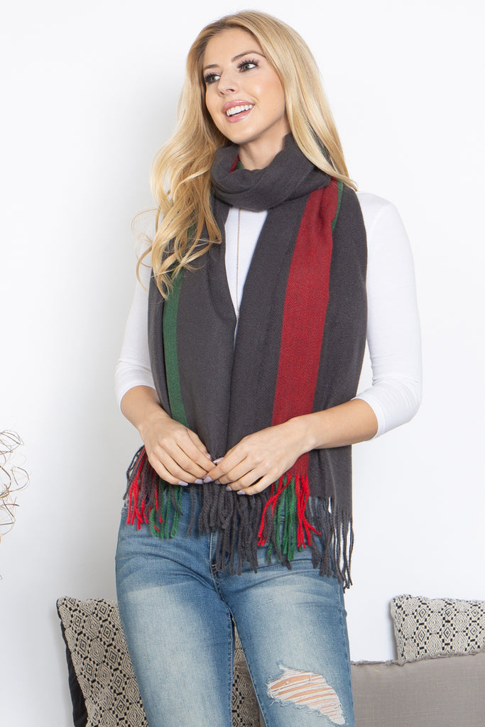 STRIPED KNIT FRINGE WARMER SCARF WRAP