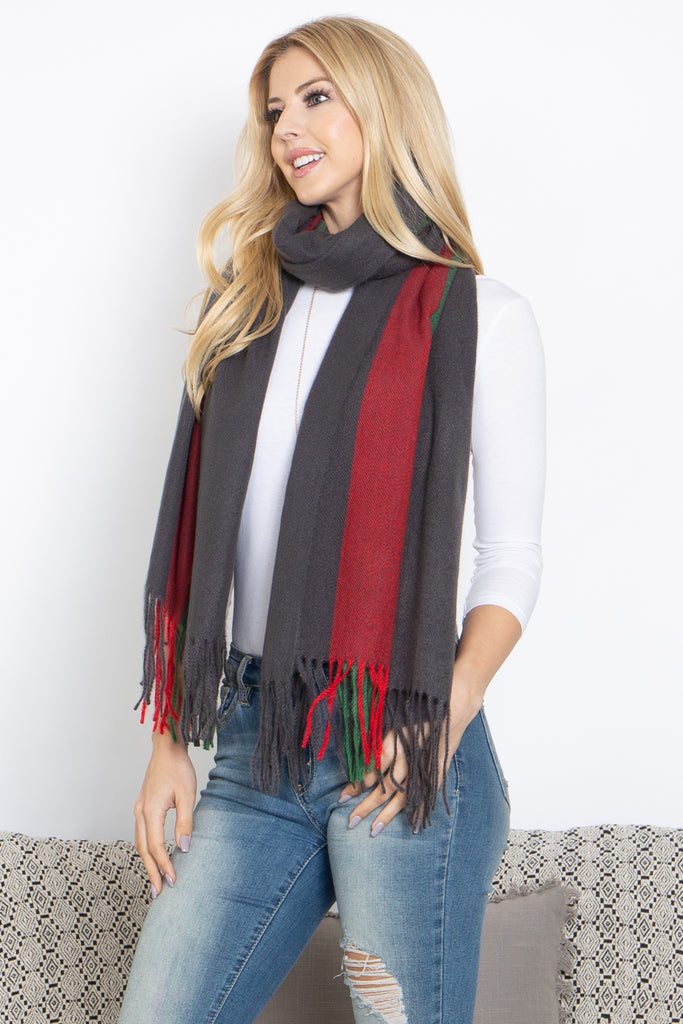 STRIPED KNIT FRINGE WARMER SCARF WRAP