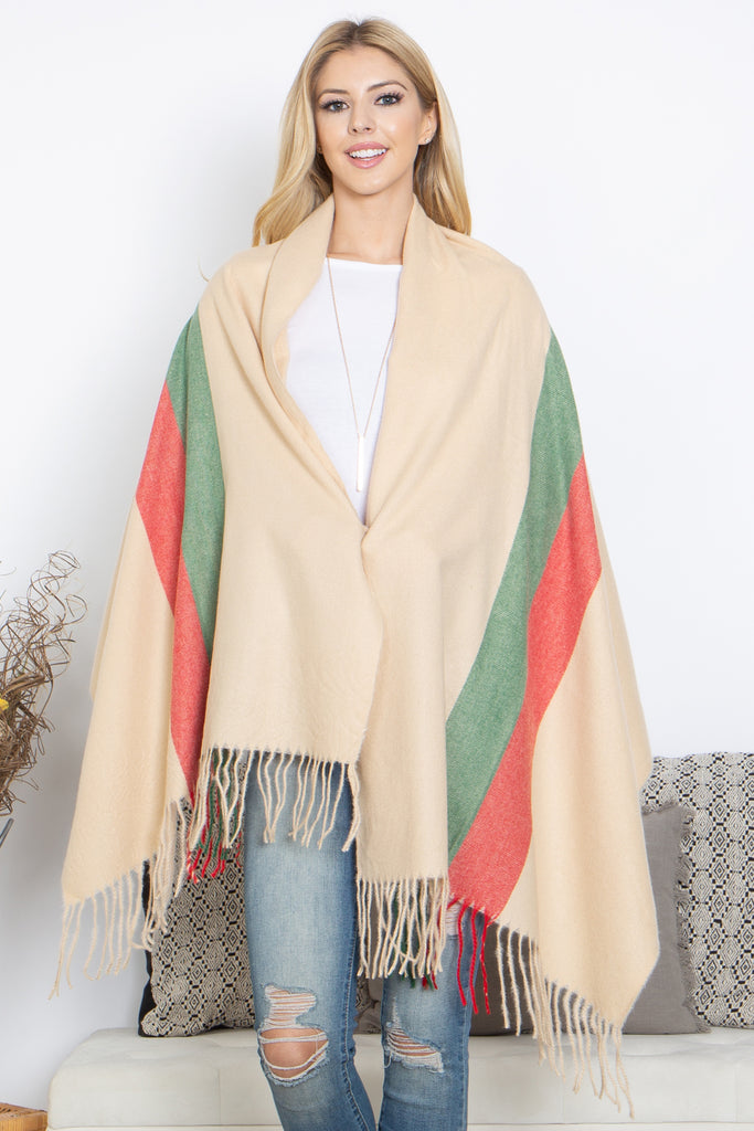 STRIPED KNIT FRINGE WARMER SCARF WRAP