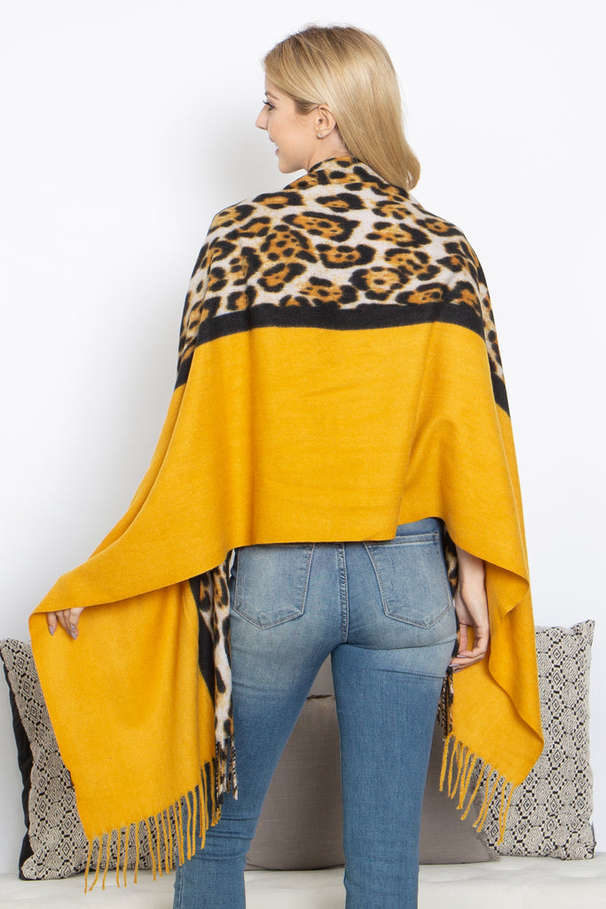 LEOPARD AND SOLID DESIGN PRINT FRINGE WOMEN'S SCARF WRAP