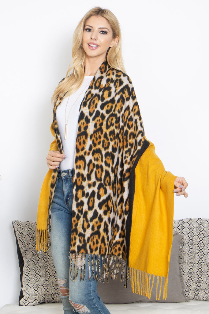 LEOPARD AND SOLID DESIGN PRINT FRINGE WOMEN'S SCARF WRAP