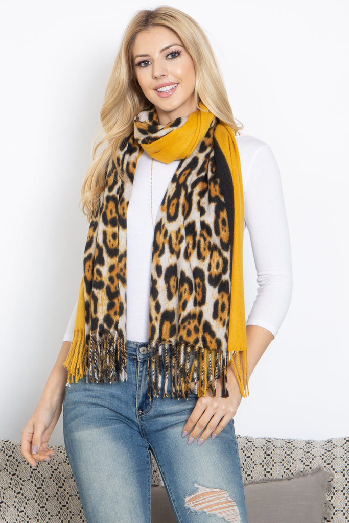 LEOPARD AND SOLID DESIGN PRINT FRINGE WOMEN'S SCARF WRAP