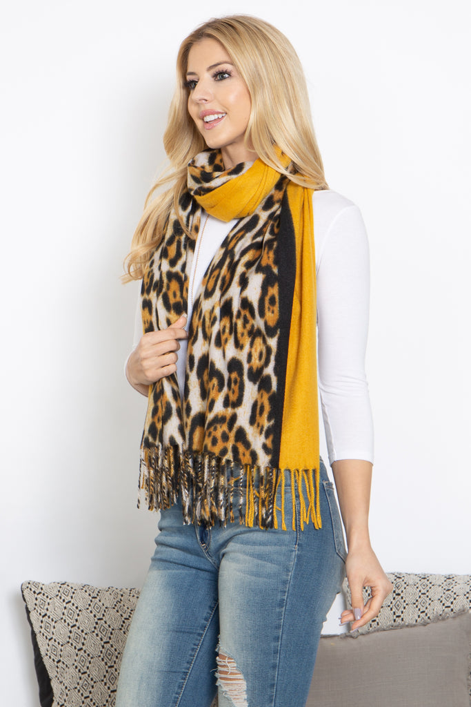 LEOPARD AND SOLID DESIGN PRINT FRINGE WOMEN'S SCARF WRAP