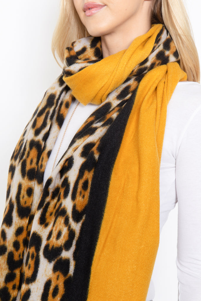 LEOPARD AND SOLID DESIGN PRINT FRINGE WOMEN'S SCARF WRAP