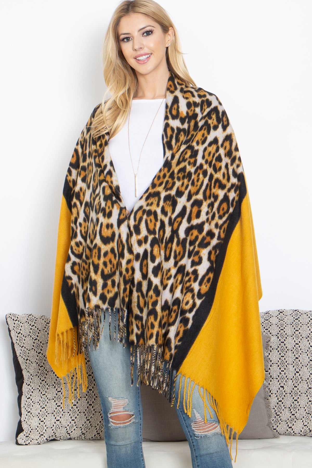 LEOPARD AND SOLID DESIGN PRINT FRINGE WOMEN'S SCARF WRAP