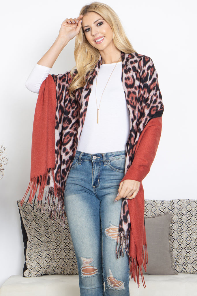LEOPARD AND SOLID DESIGN PRINT FRINGE WOMEN'S SCARF WRAP