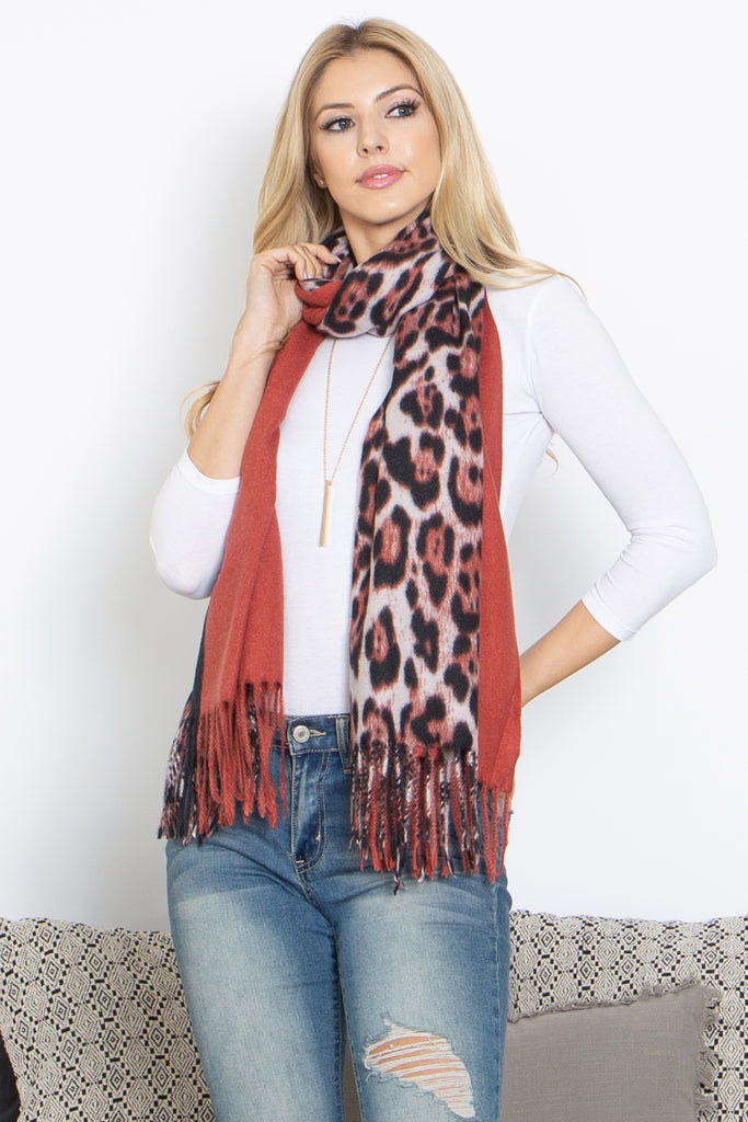 LEOPARD AND SOLID DESIGN PRINT FRINGE WOMEN'S SCARF WRAP