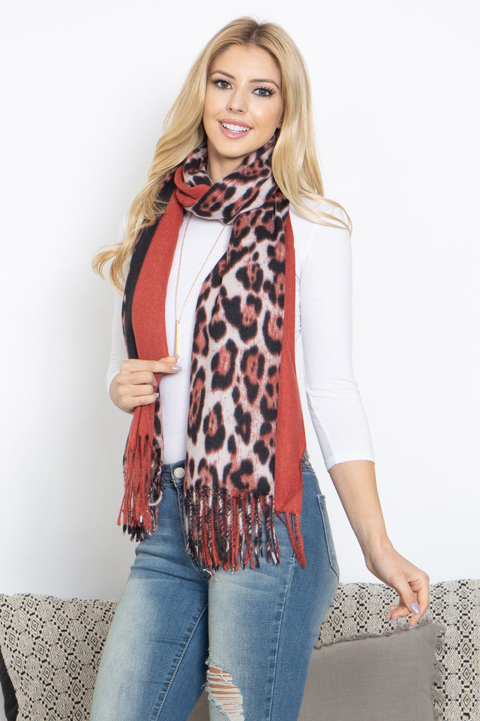 LEOPARD AND SOLID DESIGN PRINT FRINGE WOMEN'S SCARF WRAP