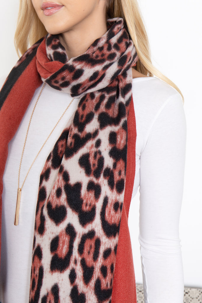 LEOPARD AND SOLID DESIGN PRINT FRINGE WOMEN'S SCARF WRAP