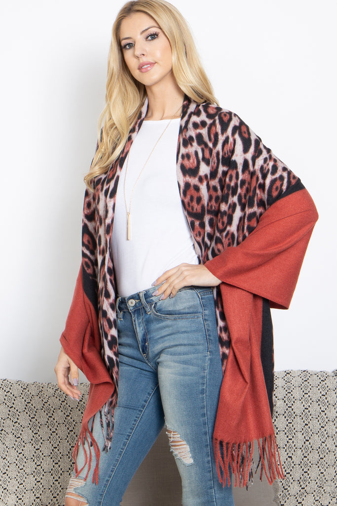 LEOPARD AND SOLID DESIGN PRINT FRINGE WOMEN'S SCARF WRAP