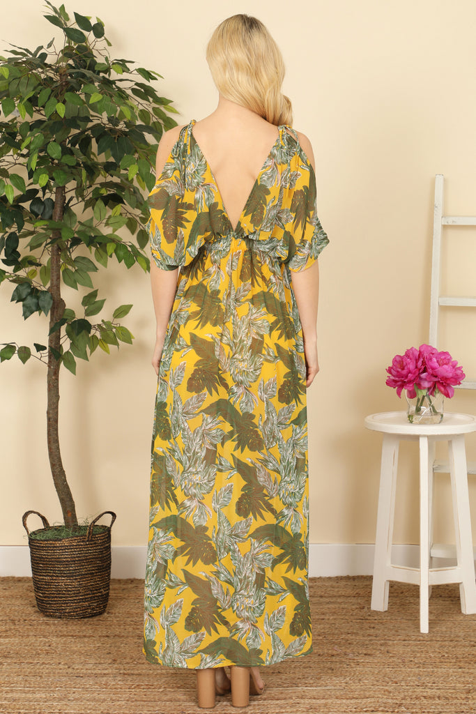 V-Neck Cold Shoulder Leaves Print Maxi Dress