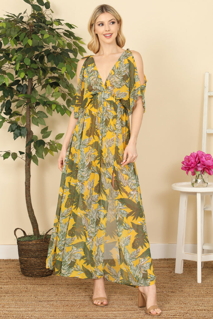 V-Neck Cold Shoulder Leaves Print Maxi Dress