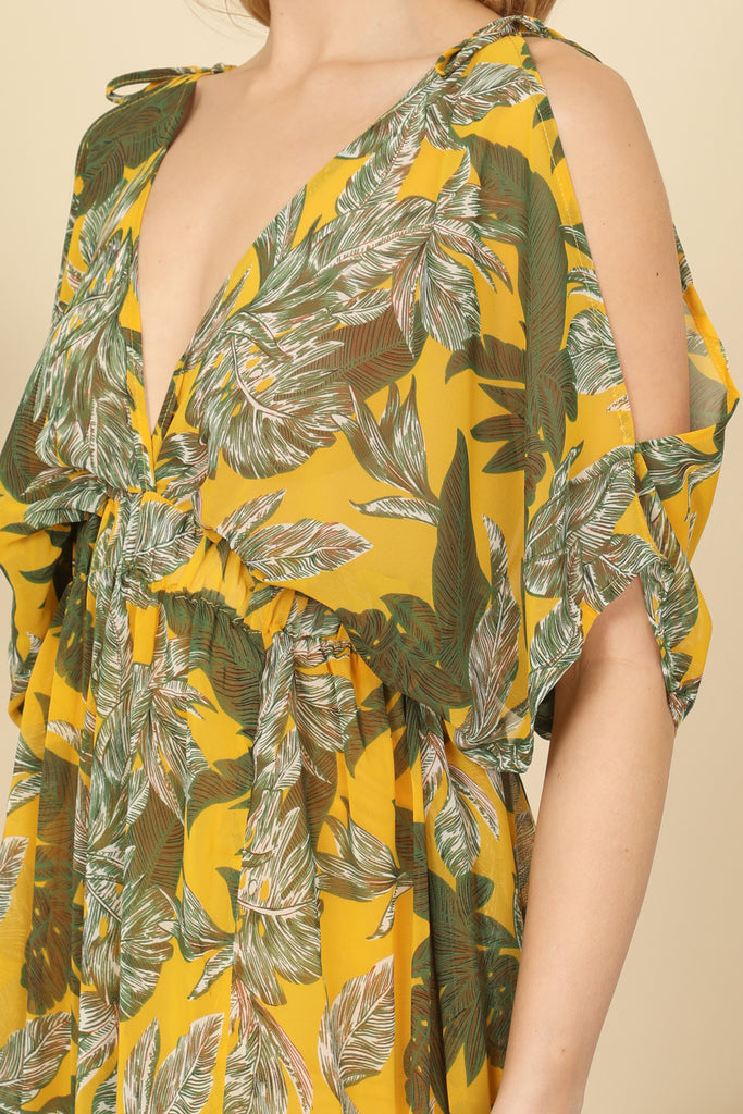 V-Neck Cold Shoulder Leaves Print Maxi Dress