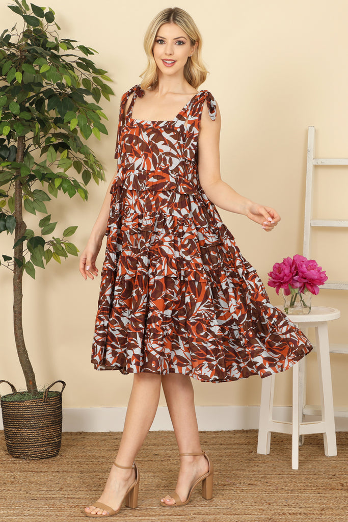 Tie Strap Printed Tiered Dress