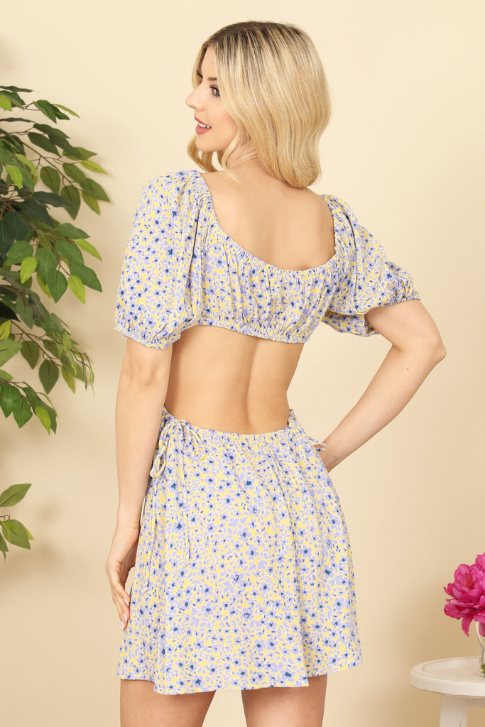 Side Open Puff Sleeve Floral Dress
