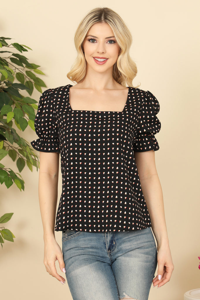Square Neckline Puff Sleeve Printed Top